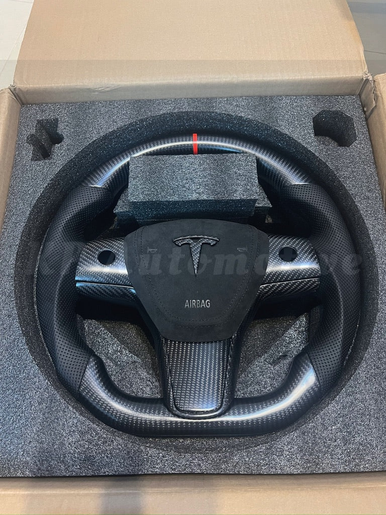 Model 3 霧面碳纖維方向盤(打孔真皮)-全套