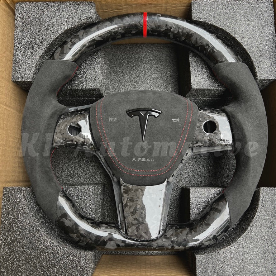 Model 3 光亮鍛造碳纖維方向盤(Alcantara)-全套