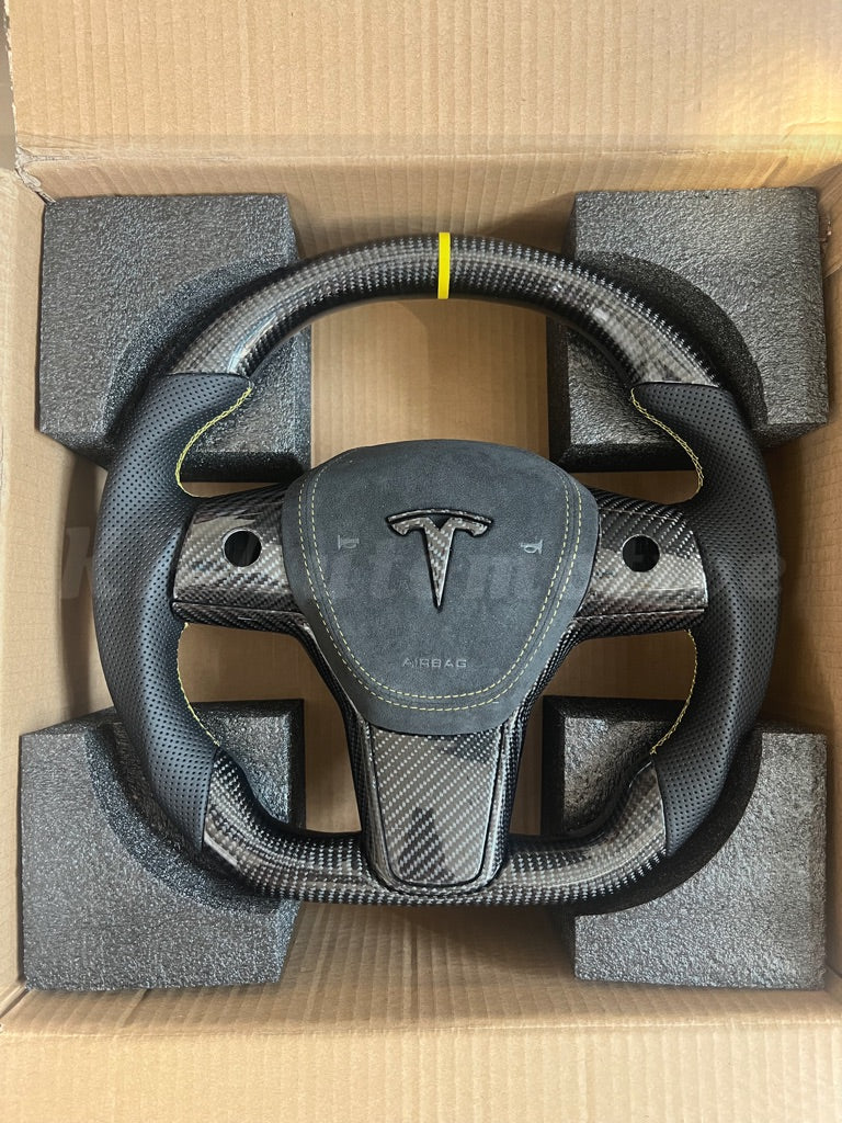 Model 3 亮光碳纖維方向盤(打孔真皮)-全套