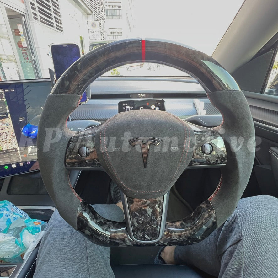 Model 3 光亮鍛造碳纖維方向盤(Alcantara)-全套