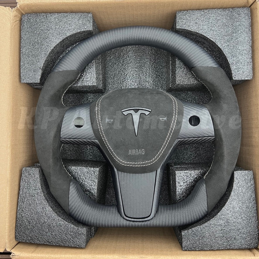Model Y Matte Carbon Fiber Steering Wheel (Alcantara) - Full Set