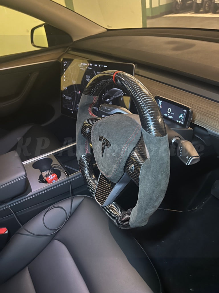 Model Y Gloss Carbon Fiber Steering Wheel (Alcantara) - Full Set